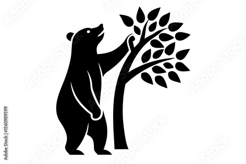 Black bear standing on hind legs reaching for leaves on a tree vector illustration