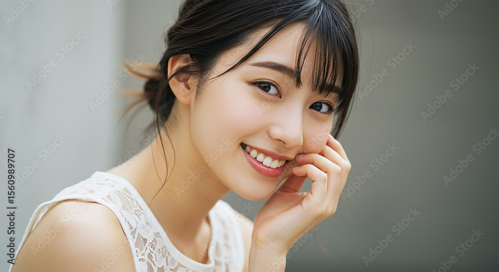 自然光でほほえむ女性のポートレート 自然光でほほえむ女性のポートレート