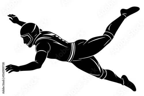 Black silhouette of an American football player diving forward action