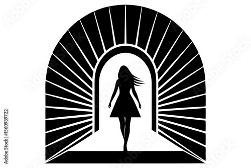 Black silhouette of a woman walking through a sunburst archway female