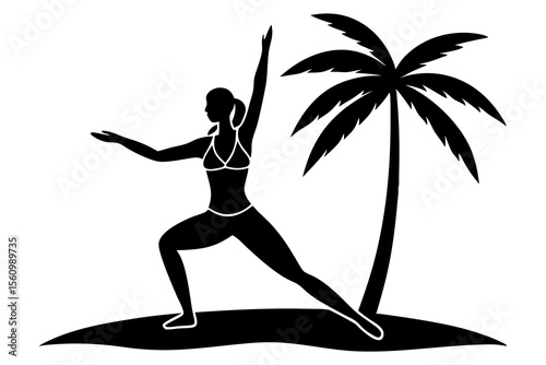 Black silhouette of a woman in a bikini doing yoga pose next to a palm tree on a white background vector