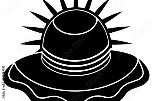 Black silhouette of a sun with rays and a wide brimmed hat white