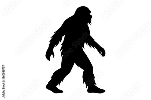 Black silhouette of a walking Bigfoot creature with shaggy fur detail sasquatch yeti