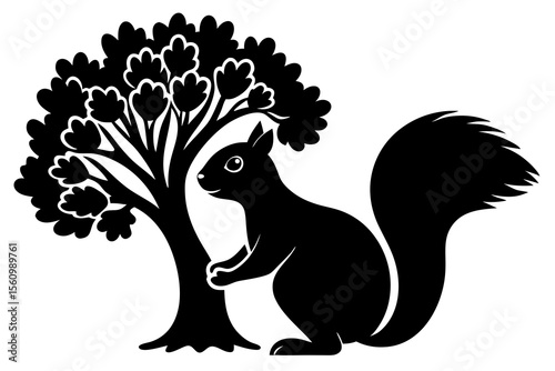 Black silhouette of a squirrel sitting next to a stylized tree with white leaves black and white animal