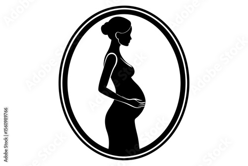 Black silhouette of a pregnant woman with hands on belly framed in a double oval pregnancy expectant mother