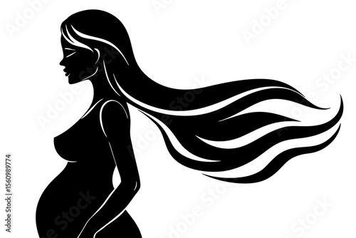 Black silhouette of a pregnant woman with long flowing hair in profile pregnant woman silhouette black and white
