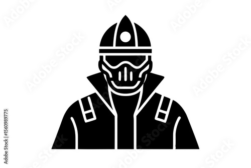 Black silhouette of a person wearing a helmet and mask with a jacket male character