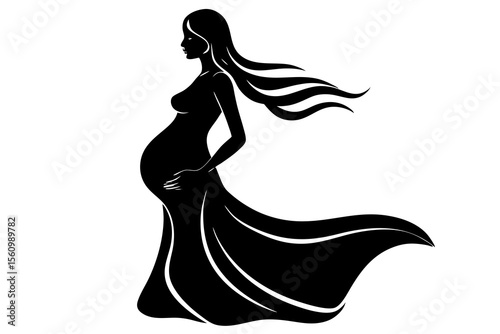 Black silhouette of a pregnant woman in a flowing dress with windblown hair black and white vector art