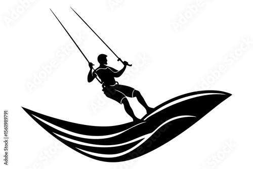 Black silhouette of a person kitesurfing on a stylized wave kiteboarding sport