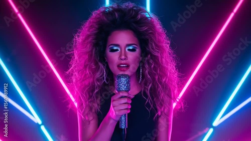 Energetic Singer Performing with Neon Lights Background, Captivating Performance Visuals