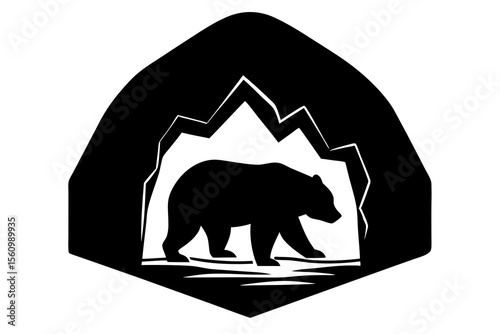 Black bear walking inside a cave entrance with jagged mountain peaks vector