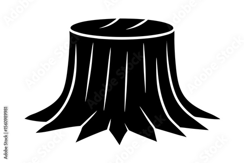 Black and white simple vector illustration of a tree stump with visible rings on top and roots at the bottom
