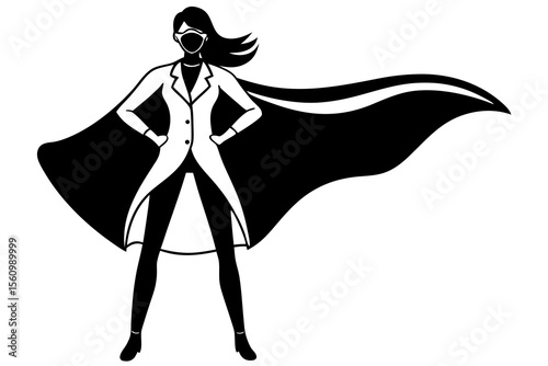 Black and white illustration of a female doctor with a cape and mask woman superhero