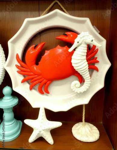 Coastal Charm: A decorative display features a crab and seahorse, exuding nautical allure and coastal elegance. Capturing the serenity of the sea and evoking the peacefulness of seaside living.