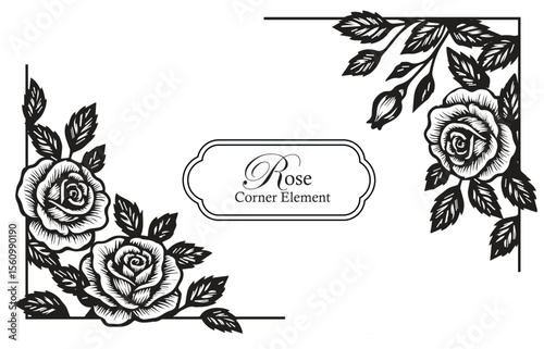 Rose Corner Woodcut Illustration – Vintage Floral Element for Packaging, Labels & Stationery Design