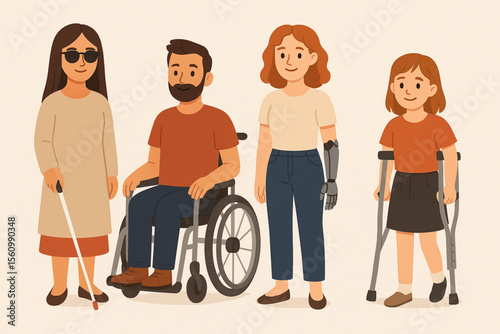 Set of diverse disabled characters including blind woman, man in wheelchair, woman with robotic hand, girl on crutches in vector illustration