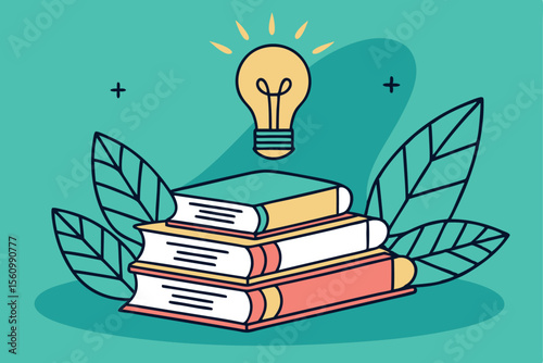 Stacked Books Lightbulb and Leaves on Teal Background 1