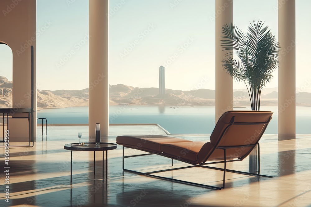 Fototapeta premium Modern, minimalist lounge by a lake