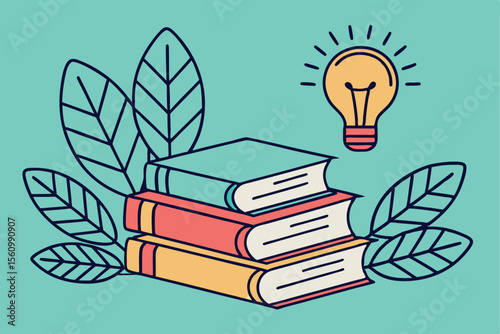 Stacked Books Lightbulb and Leaves on Teal Background