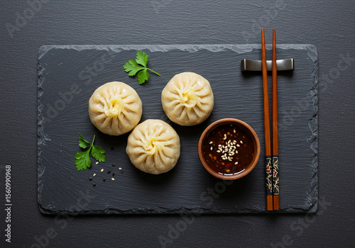 Top View of Steamed Dumplings Wantons with Dipping Sauce