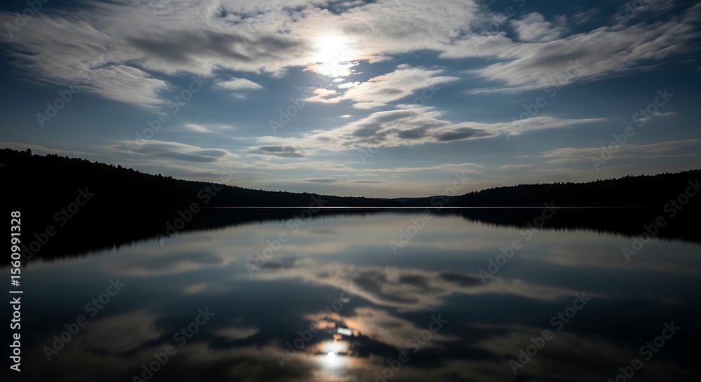 Obraz premium Serene Sunset Reflection on Calm Lake, Peaceful Nature Scene