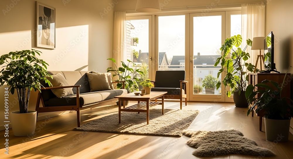 Fototapeta premium Sunlit Living Room Interior Design with Plants and Mid-Century Modern Furniture