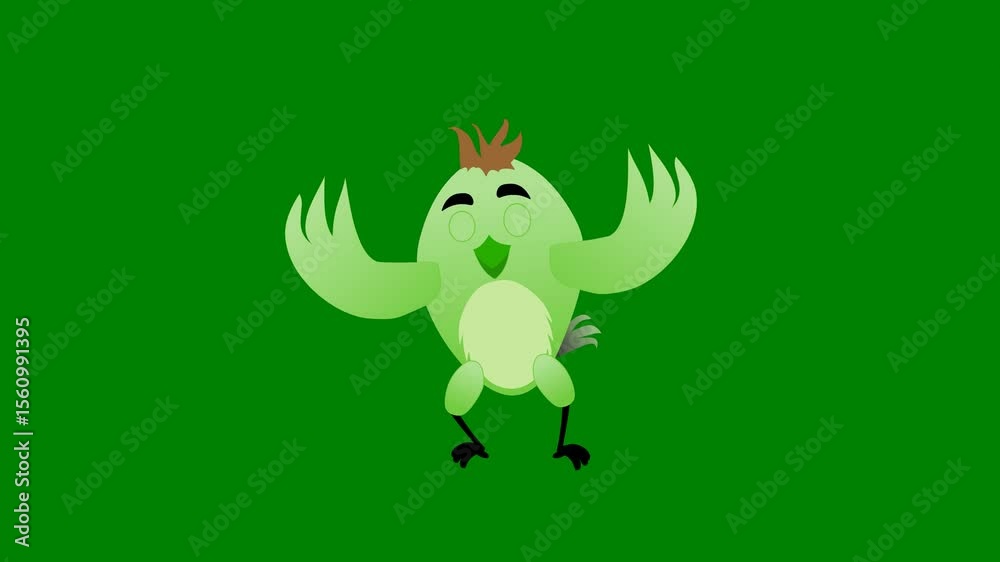 A green bird with its wings spread out and flying through the air red mohawk on head green screen animated chromakey background gesture layers cartoonish colorful creative frame style