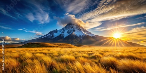 Golden Hour's Embrace A Majestic Mountain Peak Bathed in Sunset's Radiant Glory, Surrounded by a Serene Field of Tall Grass