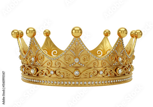 A majestic gold crown encrusted with diamonds sits isolated on transparent background
