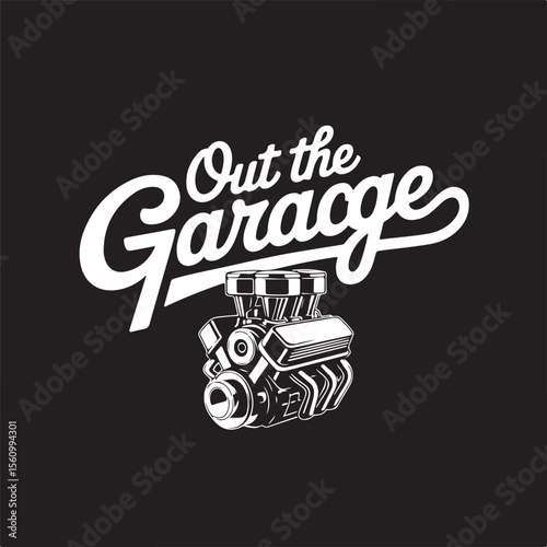 Out The Garage – Vintage Racing Script Logo with V8 Engine Detail