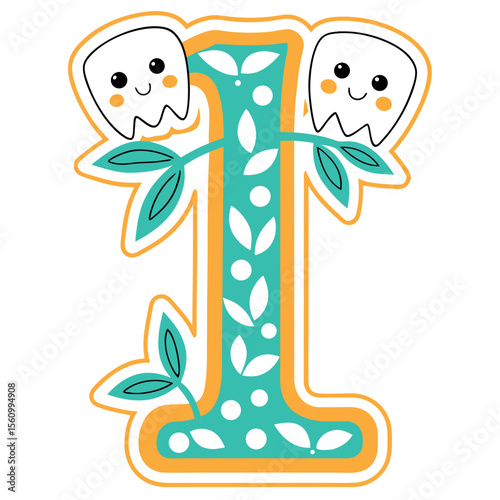 Decorative Letter I with Smiling Tooth Characters and Leaf Elements
