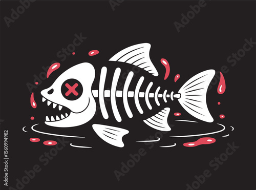 Dead Fish Skeleton Cartoon – Edgy Vector Illustration with X Eyes and Blood Drips