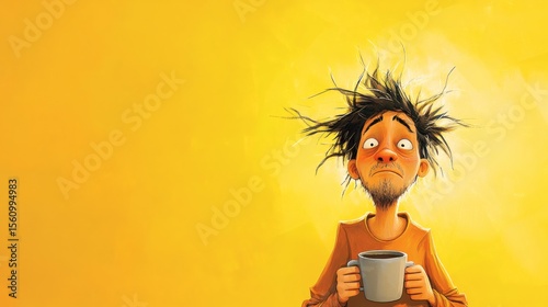 A tired person with messy hair holding a cup of coffee