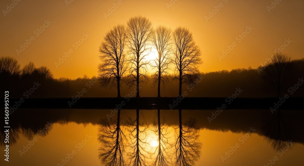 Fototapeta premium Golden Hour Silhouettes of Trees Reflected in Calm Water