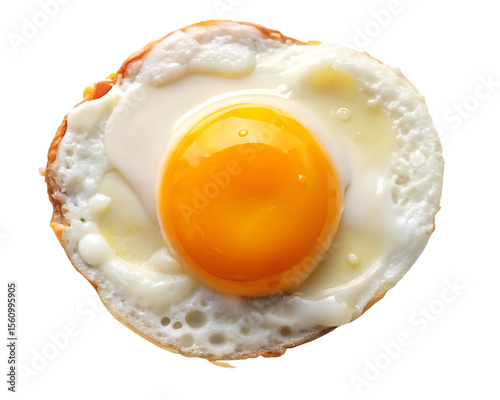 Perfectly cooked sunny side up fried egg with bright yellow yolk and white albumen isolated on a transparent background
