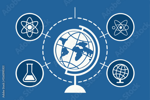White Globe and Science Icons on Blue Background world