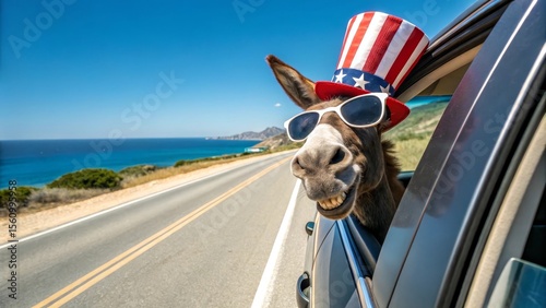 Funny donkey wearing a patriotic Uncle Sam hat and sunglasses, sticking its head out of a car window on a scenic coastal road trip with a bright blue sky.