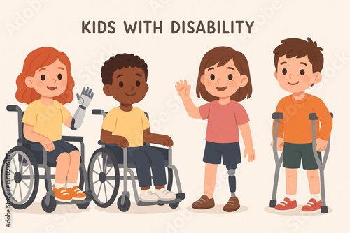 Disabled children characters with wheelchair, bionic hand, leg prosthesis, and crutches in vector illustration for kids disability concept