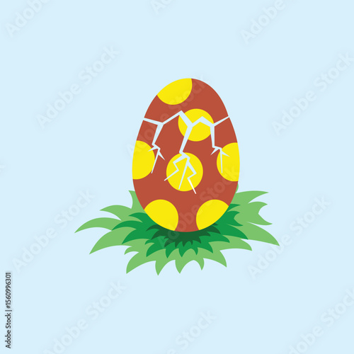 Illustration of a cracked egg with yellow dots on green grass, set against a light blue background. A perfect design element for fantasy, games, animal themes, or kids illustration projects