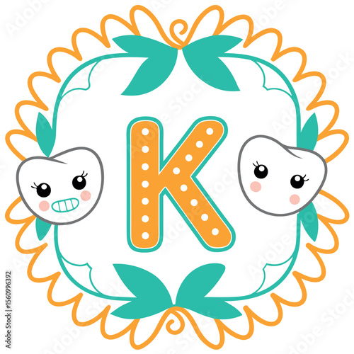 Decorative Letter K with Smiling Teeth and Floral Frame