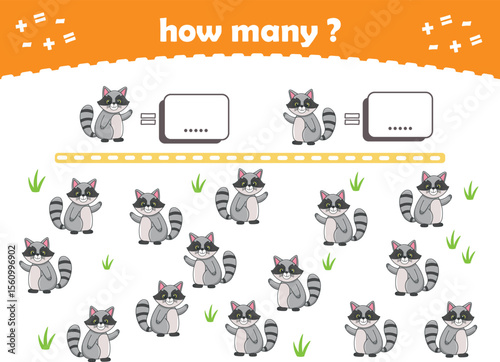 Count and match activity page for kids with cute wild animals. Elementary math for preschool and kindergarten. Vector illustration