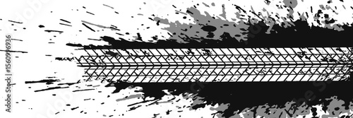 Tire tread marks, wheel textures, tire marks - car racing, motocross, drift, rally, off-road and others. Vector black isolated texture in grunge style with splashes.eps10