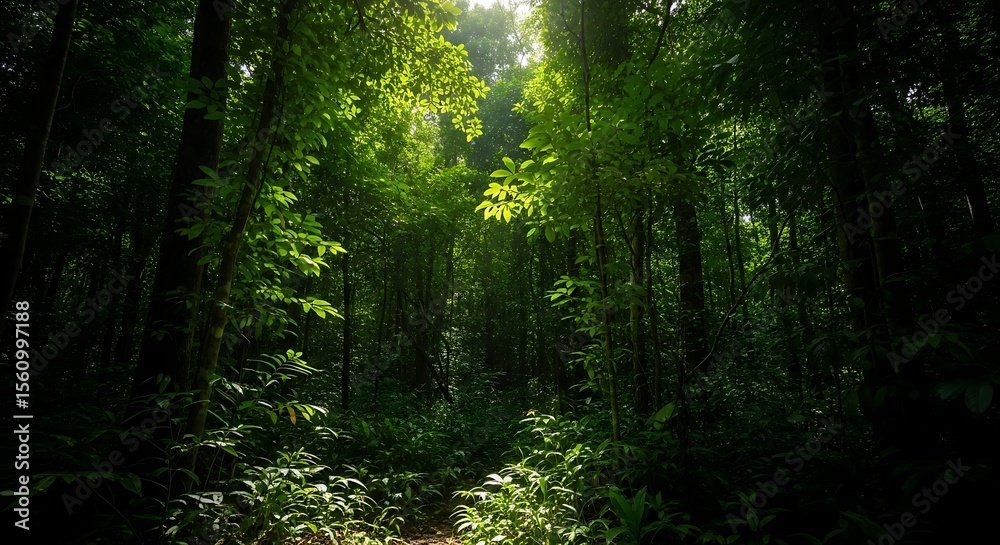 Naklejka premium Lush Rainforest Canopy Sunlight Filtering Through Dense Foliage