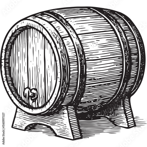 Classic wine barrel illustration in black-and-white, ideal for winery decor, labels, and vintage wine storage designs