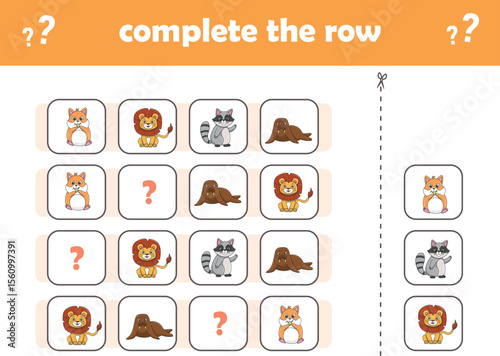 Education game for children complete the pattern. Cute wIld animals. Vector Illustration