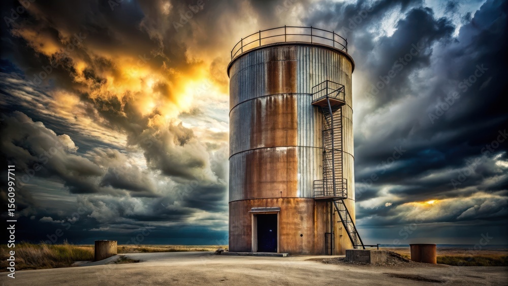 A weathered industrial silo stands solitary against a dramatic, stormy sunset sky, its metallic surface reflecting the fiery hues and dark clouds. A weathered industrial silo stands solitary against a dramatic, stormy sunset sky, its metallic surface reflecting the fiery hues and dark clouds.