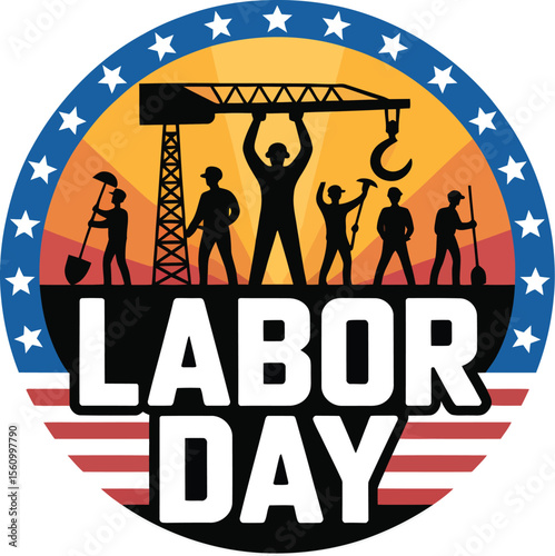"Labor Day Badge with Workers and Construction Theme