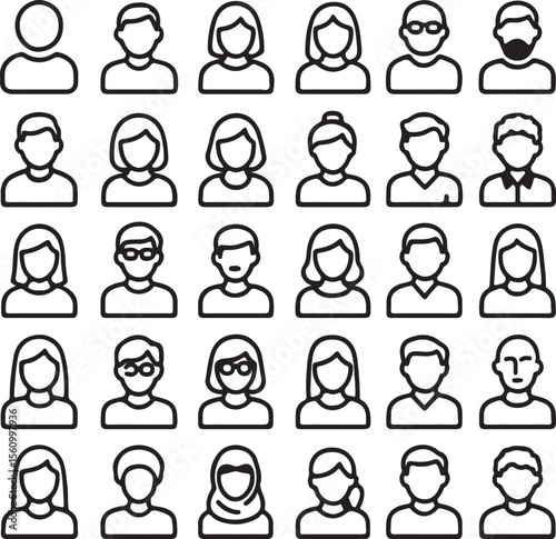 Collection of Diverse User Profile Icons Simple Line Art Avatars