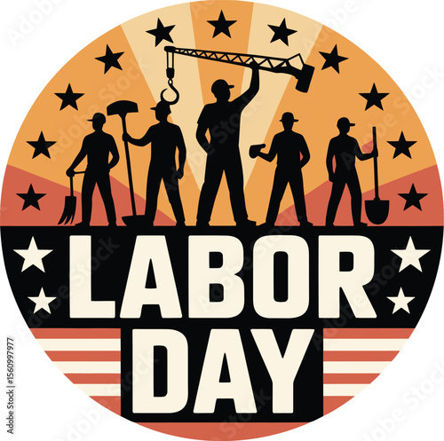 Labor Day Badge with Workers and American Flag Theme