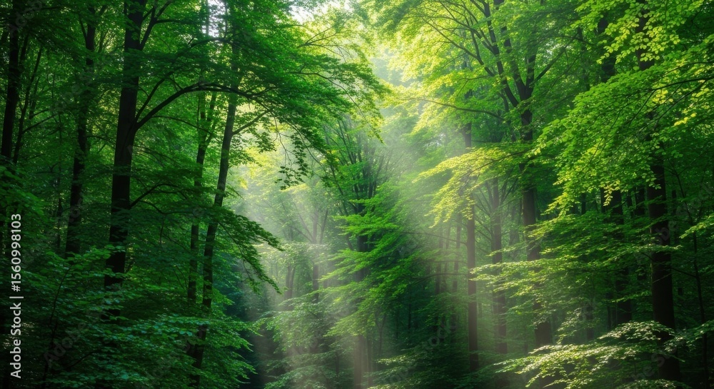 Fototapeta premium Sunlight streams through a lush green forest canopy creating a magical atmosphere